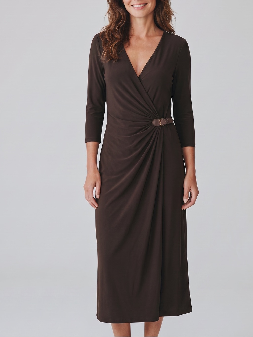 Ralph Lauren Espresso Ruched Buckle Wrap Dress Quiet Luxury Equestrian Size 2